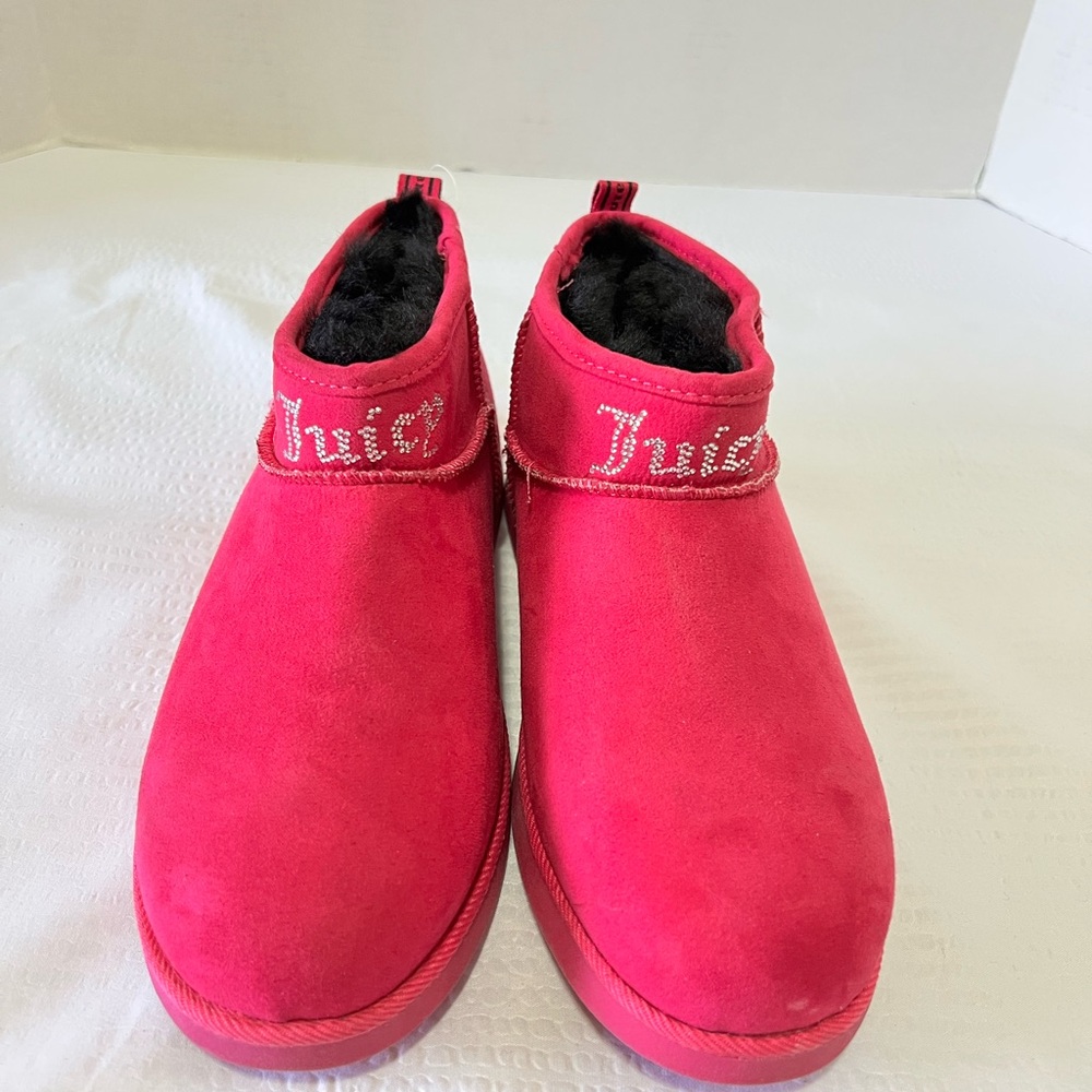 Juicy Couture Bright Pink Crystal Logo Faux Fur Lined Suede Booties